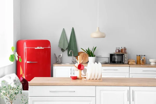 Interior Light Kitchen Red Fridge Counters — Stock Photo, Image