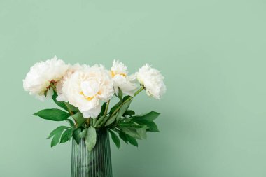 Yeşil arka planda beyaz şakayık vazosu