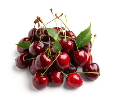 Beyaz arka planda bir sürü kırmızı kiraz