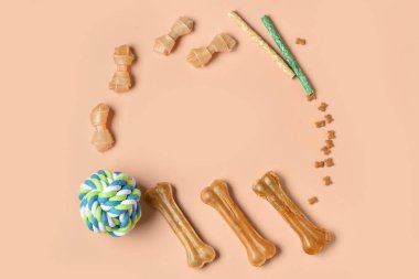 Farklı köpek maması ve renk arkaplanlı oyuncak topundan yapılmış çerçeve