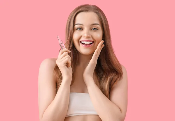 Beautiful Young Woman Ampule Pink Background Skin Care Concept — Stock Photo, Image