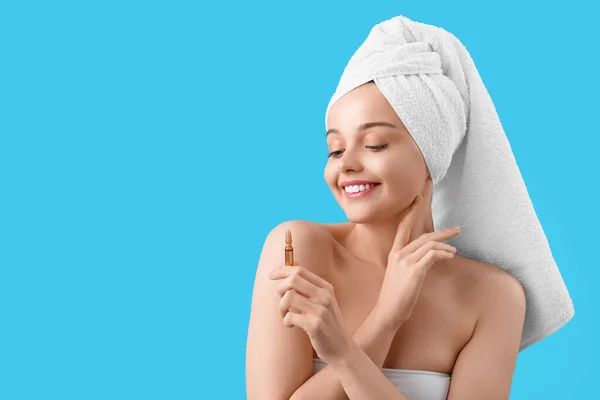 Beautiful Young Woman Ampule Blue Background Skin Care Concept — Stock Photo, Image