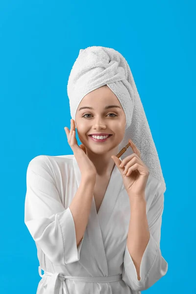 Beautiful Young Woman Ampule Blue Background Skin Care Concept — Stock Photo, Image
