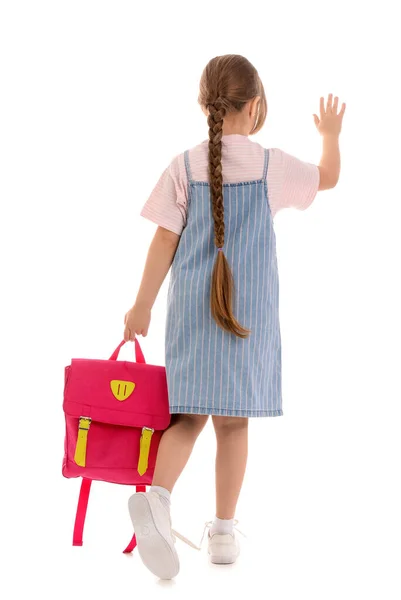 Little Schoolgirl Backpack Waving Hand White Background Back View — Stock Photo, Image