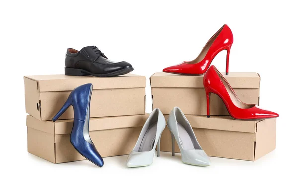 Cardboard Boxes Different Shoes White Background — Stock Photo, Image