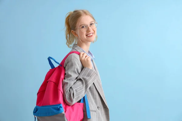 Happy Female Student Backpack Blue Background — Stock Photo, Image
