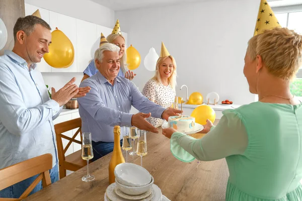 Mature People Cake Celebrating Birthday Kitchen — Stock Photo, Image