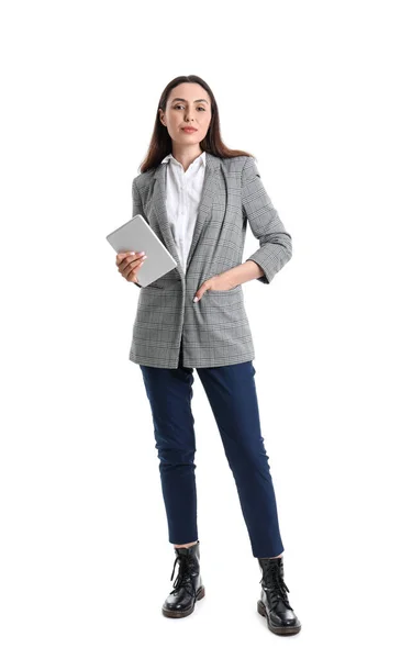 Young Woman Stylish Suit Tablet Computer White Background — Stock Photo, Image
