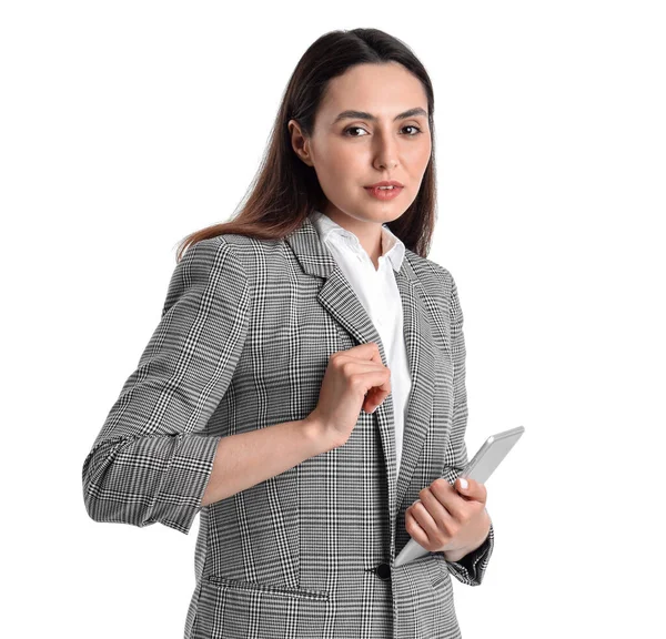 Jonge Vrouw Stijlvol Pak Met Tablet Computer Witte Achtergrond — Stockfoto