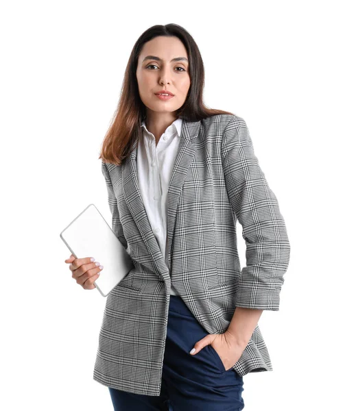 Young Woman Stylish Suit Tablet Computer White Background — Stock Photo, Image