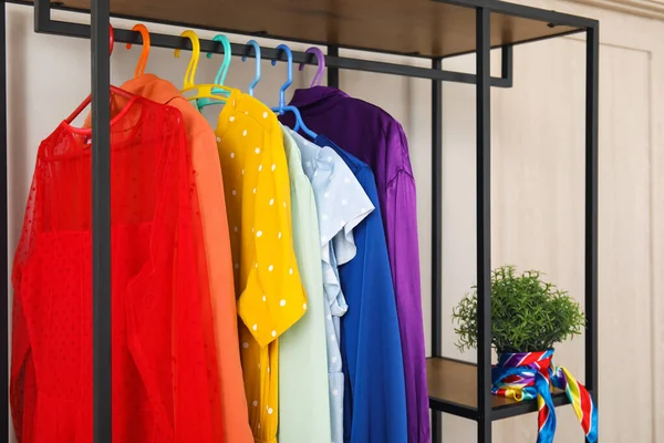 Shelving Unit Colorful Clothes Houseplant White Wall — Stock Photo, Image