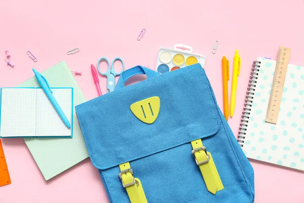 School Backpack Different Stationery Pink Background — Stock Photo, Image