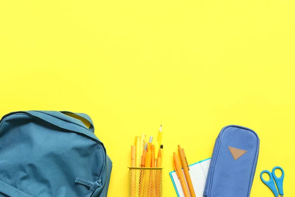 School Backpack Stationery Yellow Background — Stock Photo, Image