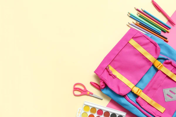 School Backpack Pencils Paints Beige Background — Stock Photo, Image