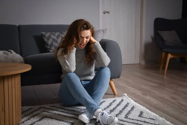 Young Woman Having Panic Attack Home — Stock Photo, Image