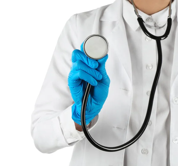Female Doctor Stethoscope Medical Gloves Isolated White Background — Stock Photo, Image