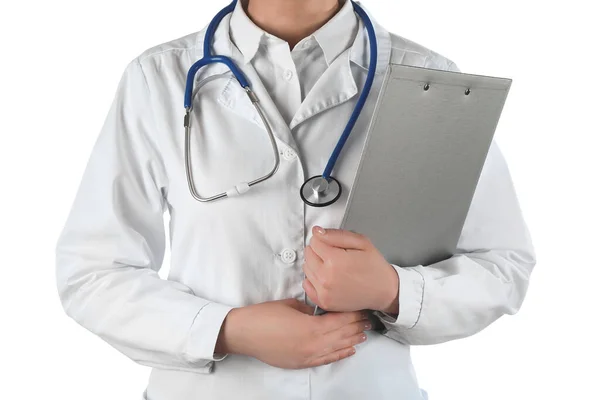 Stetoskop Panoya Sahip Kadın Doktor Beyaz Arka Planda Izole Edilmiş — Stok fotoğraf