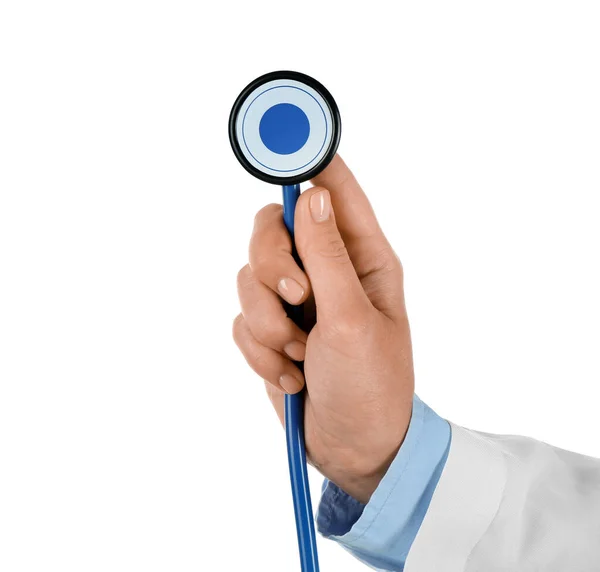 Kobieta Lekarz Ręka Trzymając Stetoskop Białym Tle — Zdjęcie stockowe