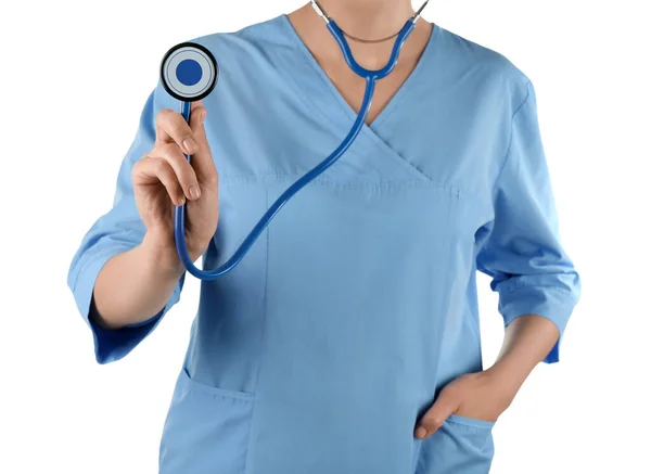 Médico Femenino Con Estetoscopio Aislado Sobre Fondo Blanco — Foto de Stock