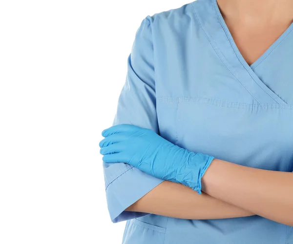 Kvinna Läkare Medicinska Handskar Isolerad Vit Bakgrund — Stockfoto