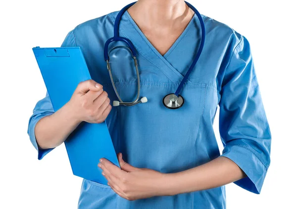 Female Doctor Stethoscope Clipboard Isolated White Background — Stock Photo, Image