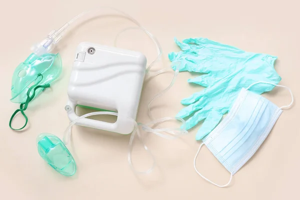 Nebulizer Inhaler Medical Gloves Mask Beige Background — Stock Photo, Image