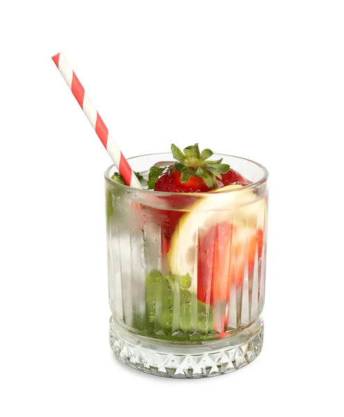 Glas Verse Limonade Met Aardbeien Citroen Witte Achtergrond — Stockfoto