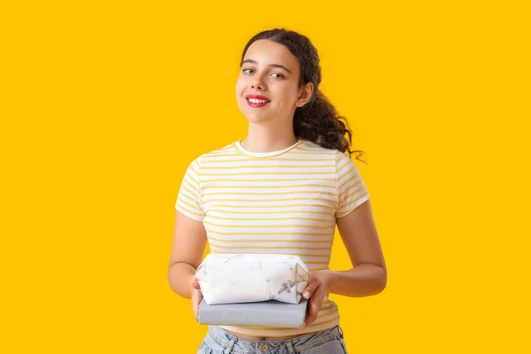 Female Student Pencil Case Book Yellow Background — Stock Photo, Image