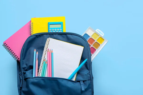 Backpack Blank Notebook Stationery Blue Background — Stock Photo, Image