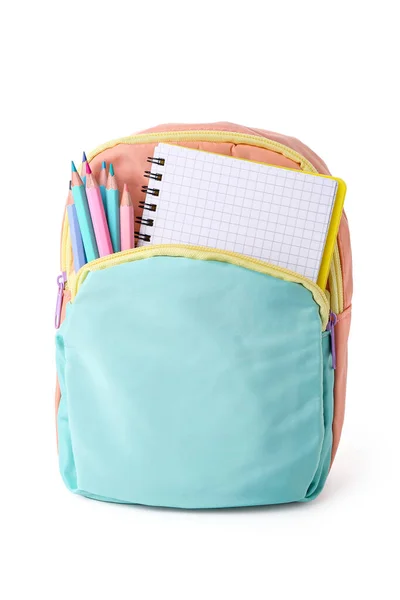 Backpack Blank Notebook Different Stationery Isolated White Background — Stock Photo, Image