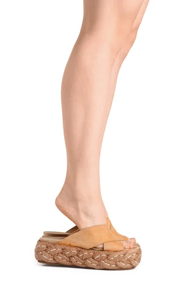 Female Legs Flip Flops White Background — Stock Photo, Image