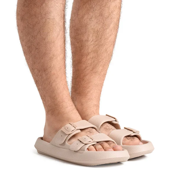 Männliche Beine Flip Flops Auf Weißem Hintergrund — Stockfoto