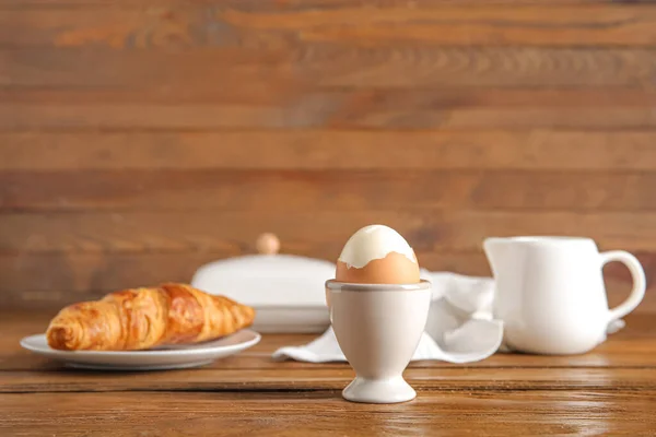 Holder Boiled Chicken Egg Plate Croissant Wooden Background — Stock Photo, Image