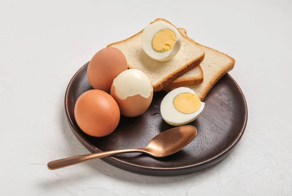 Plate Boiled Chicken Eggs Bread White Background — Stock Photo, Image