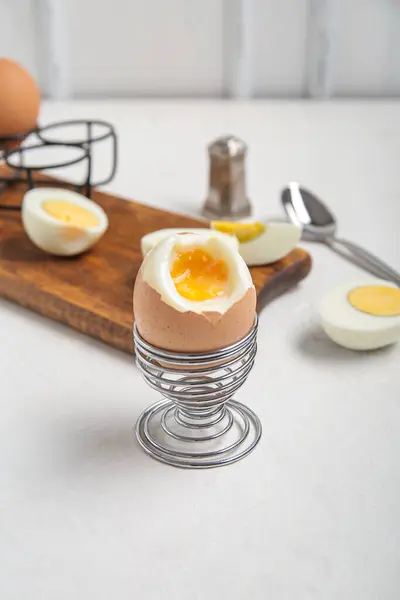 Holder Boiled Chicken Egg White Background — Stock Photo, Image
