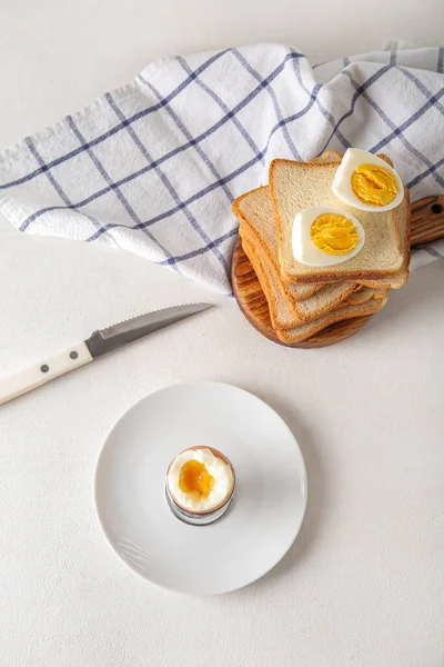 Holder Boiled Chicken Egg Bread White Background — Stock Photo, Image