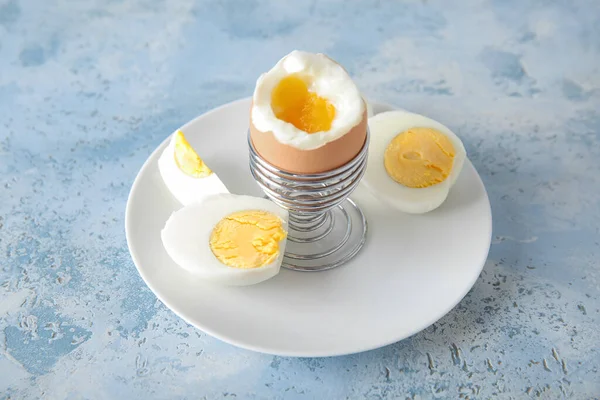 Holder Boiled Chicken Egg Blue Table — Stock Photo, Image