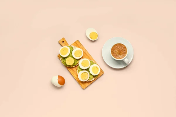 Wooden Board Rice Crackers Boiled Eggs Avocado Pink Background — Stock Photo, Image