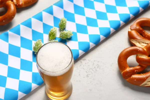 Stock image Flag of Bavaria, mug with beer and pretzels on white background