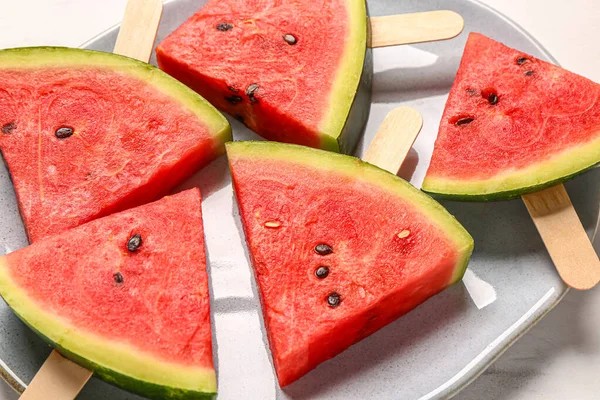 stock image Plate with sweet watermelon sticks on white background, closeup