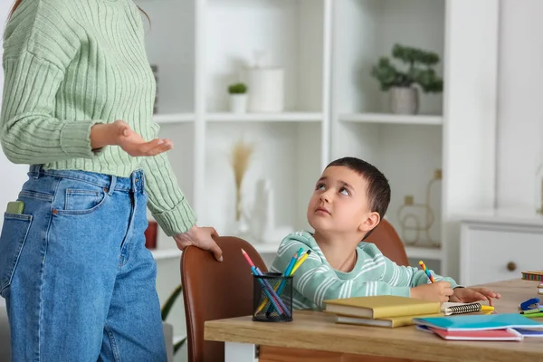 Cute Little Boy Doing Lessons His Mother Home — Stock Photo, Image