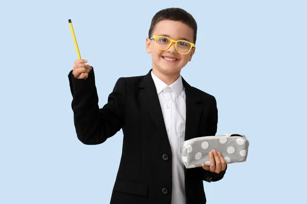 Cute Little Schoolboy Pencil Case Blue Background — Stock Photo, Image
