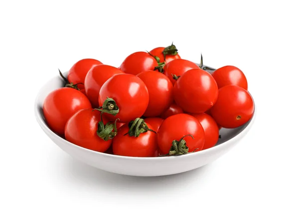 Tigela Com Tomates Cereja Frescos Sobre Fundo Branco — Fotografia de Stock