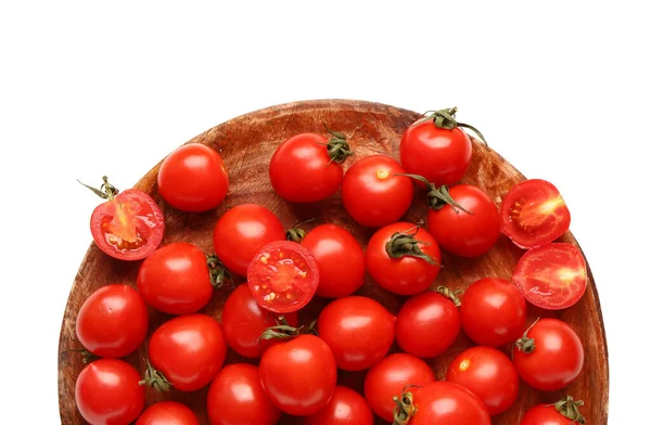 Tablero Madera Con Tomates Cherry Frescos Sobre Fondo Blanco — Foto de Stock