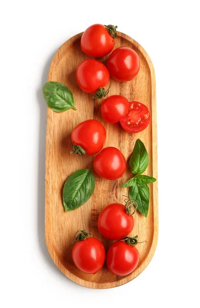 Wooden Board Fresh Cherry Tomatoes Basil White Background — Stock Photo, Image