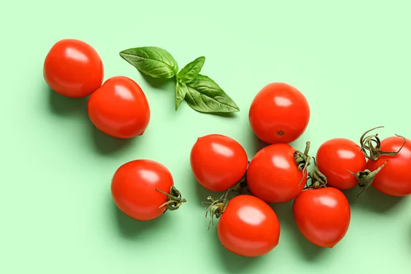 Fresh Cherry Tomatoes Basil Green Background — Stock Photo, Image