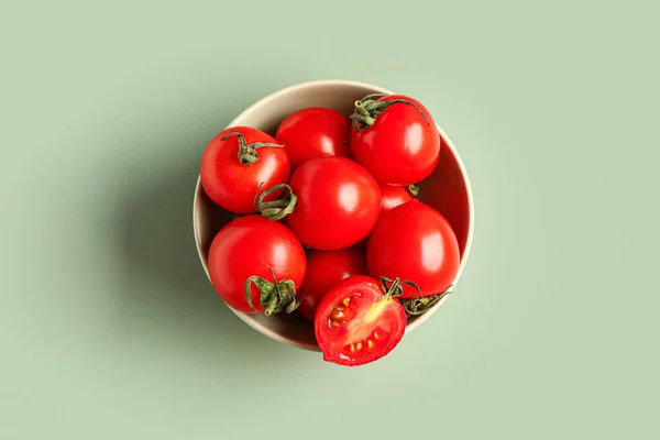Bowl Fresh Cherry Tomatoes Grey Background — Stock Photo, Image