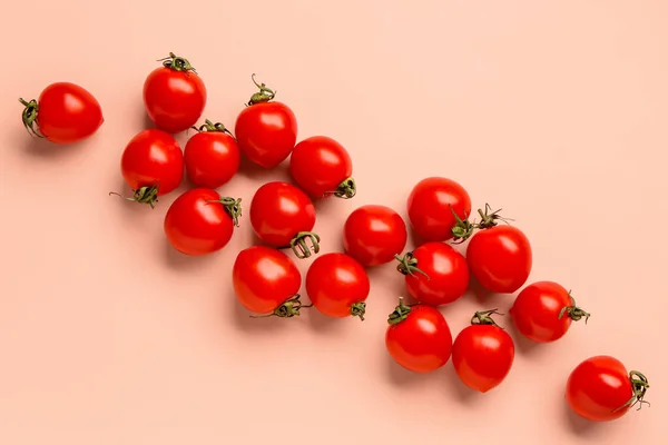 Many Fresh Cherry Tomatoes Pink Background — Stock Photo, Image