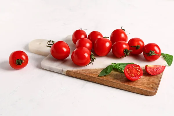 Board Fresh Cherry Tomatoes Basil White Background — Stock Photo, Image