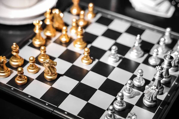 Golden Silver Chess Pieces Game Board Closeup — Stock Photo, Image